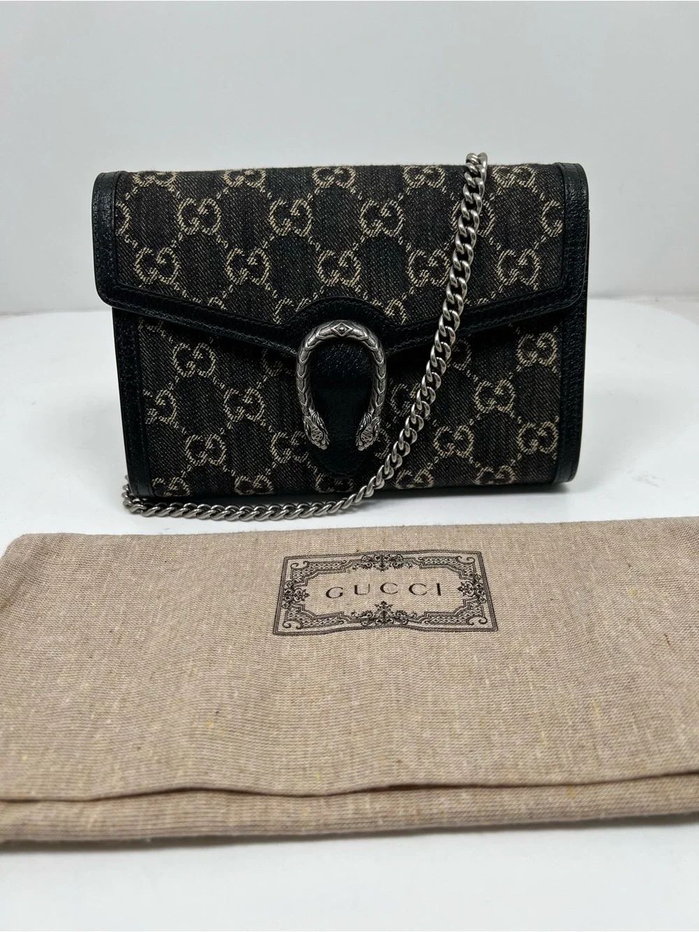Gucci Dionysus GG Supreme Chain Wallet Dark Blue Beige Canvas Leather WOC
